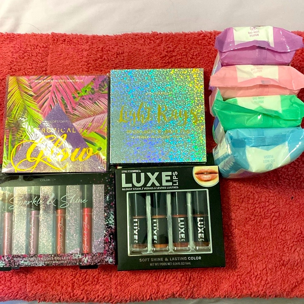 Makeup Bundle 5 PC Set NWT Highlighter Eyeshadow Palette, Lip Sets ,Makeup Wipes
